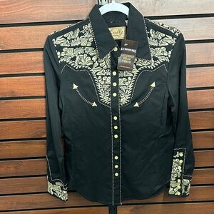 Scully Women's Black and Gold Embroidered Button Down Shirt